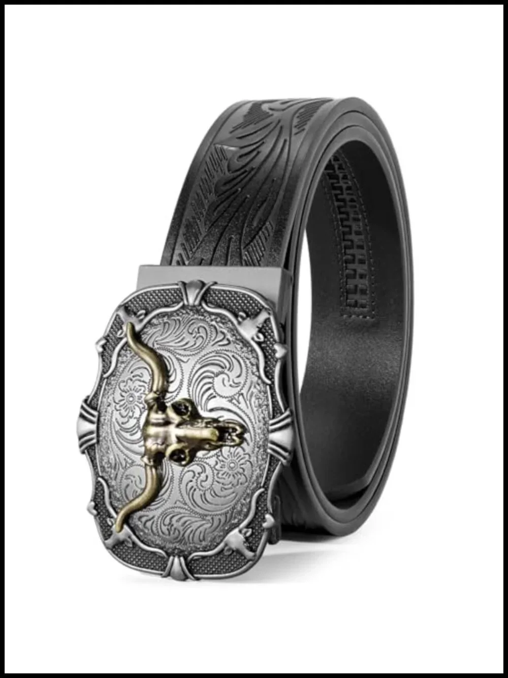 Men's Western Ratchet Cowboy Belt with Automatic Buckle, Adjustable Leather